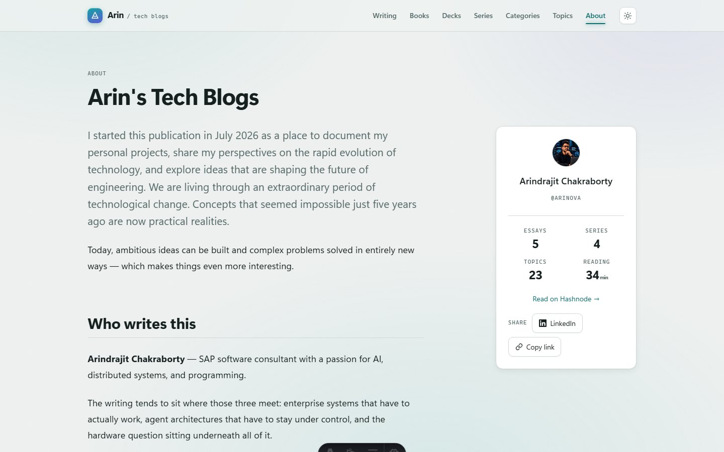 About. One page, rendered from the site's own configuration rather than written as an article.