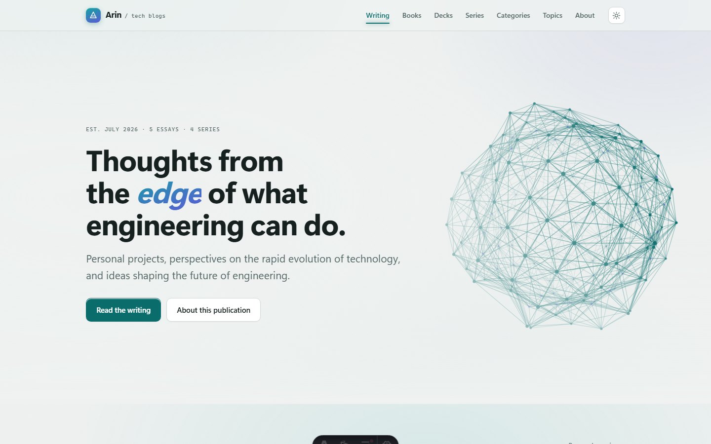 The publication's home page — the hero, the tagline and the start of the writing list.