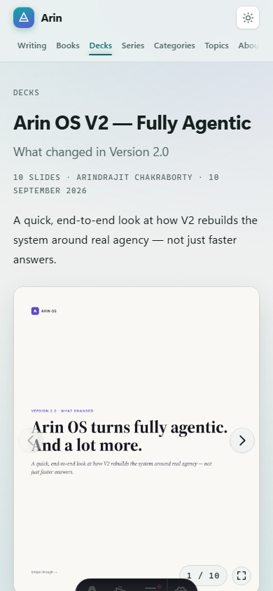 A deck on a phone — the same viewer, sized for the screen, with swipe doing the work the arrows do on a desktop.