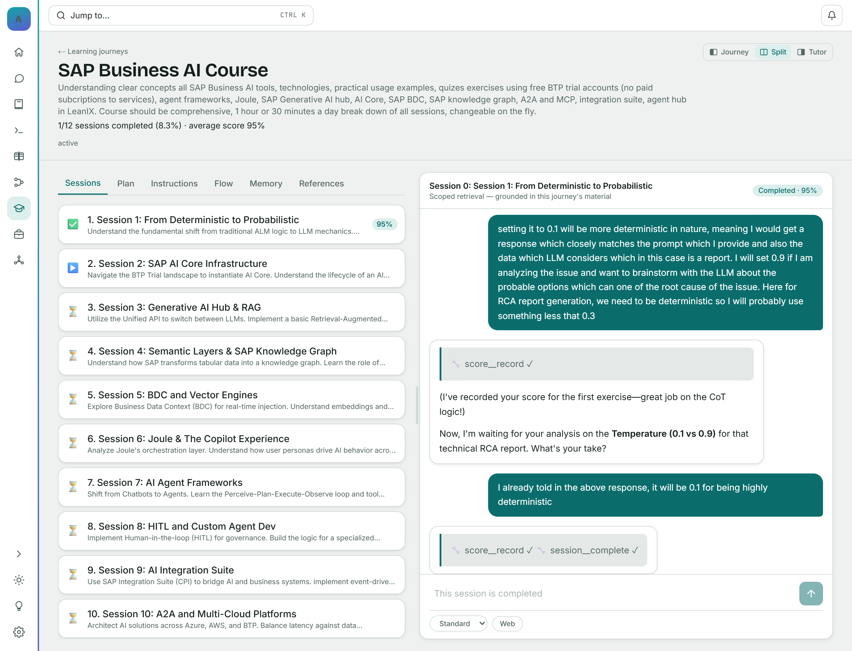 Screenshot — a course built around a subject, broken into sessions with progress tracked per session, and a chat surface for questions within the material.