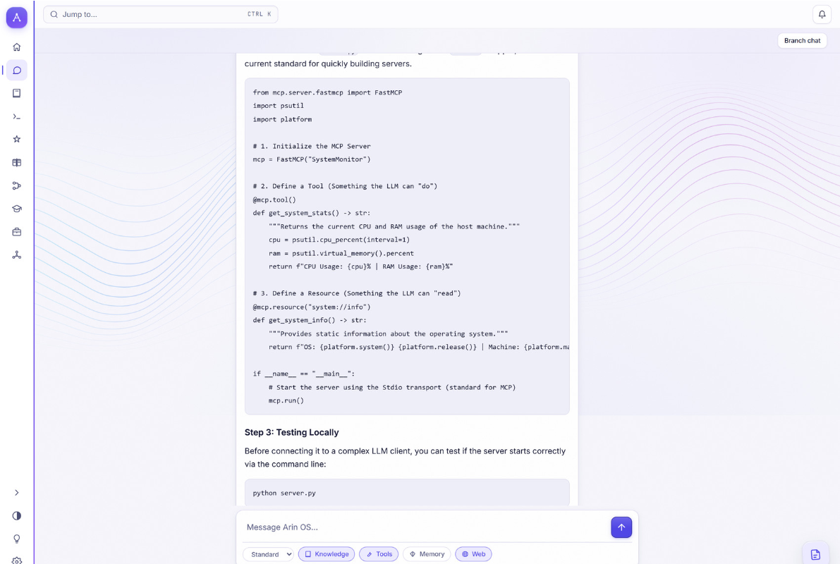 Screenshot — the same engine, in conversation. Asked to build a small server rather than explain one, the assistant works through it and produces the artefact.