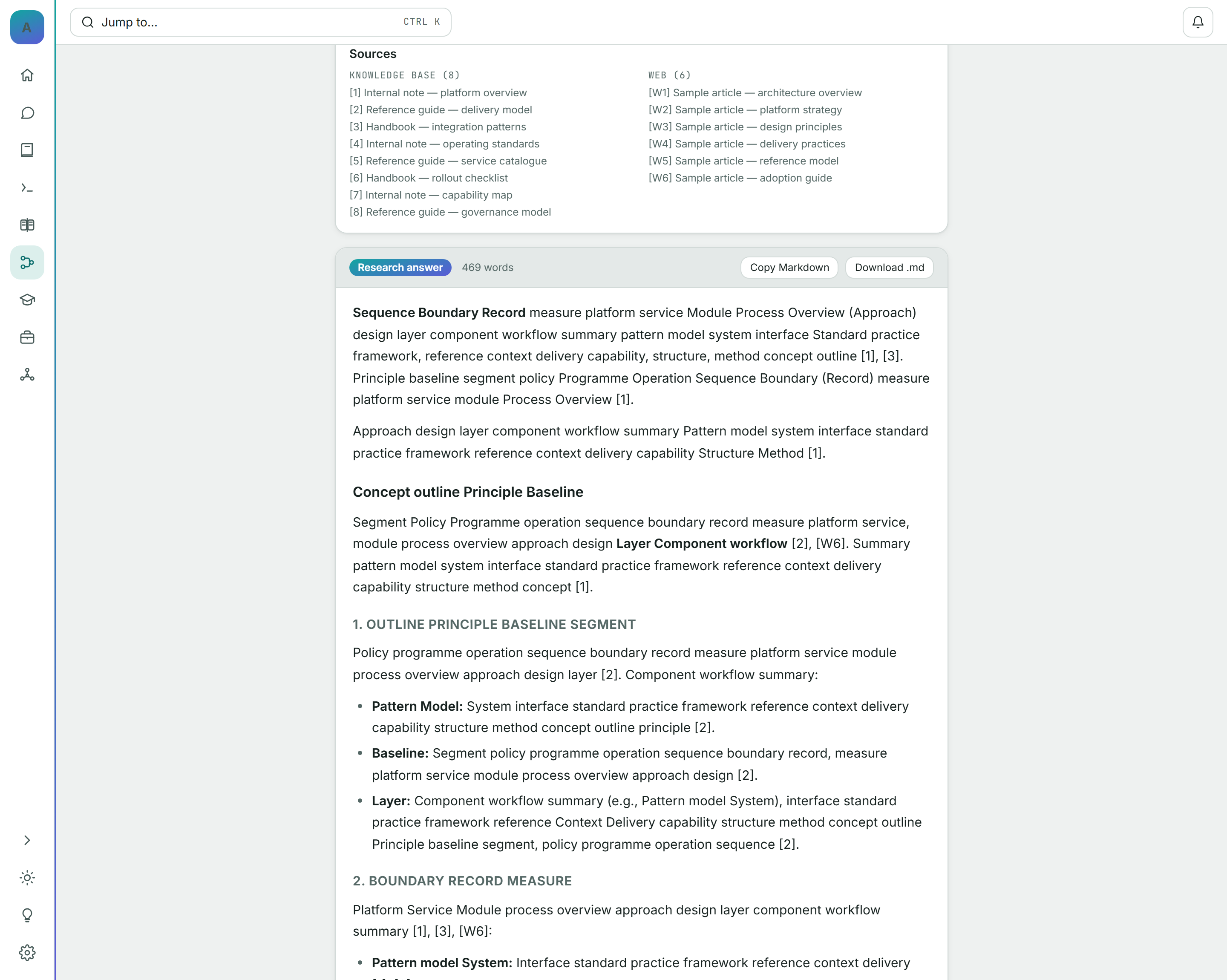 Screenshot — the source list behind a finished run, knowledge-base entries and web pages listed and numbered separately, so every claim in the output can be traced back to one of them.