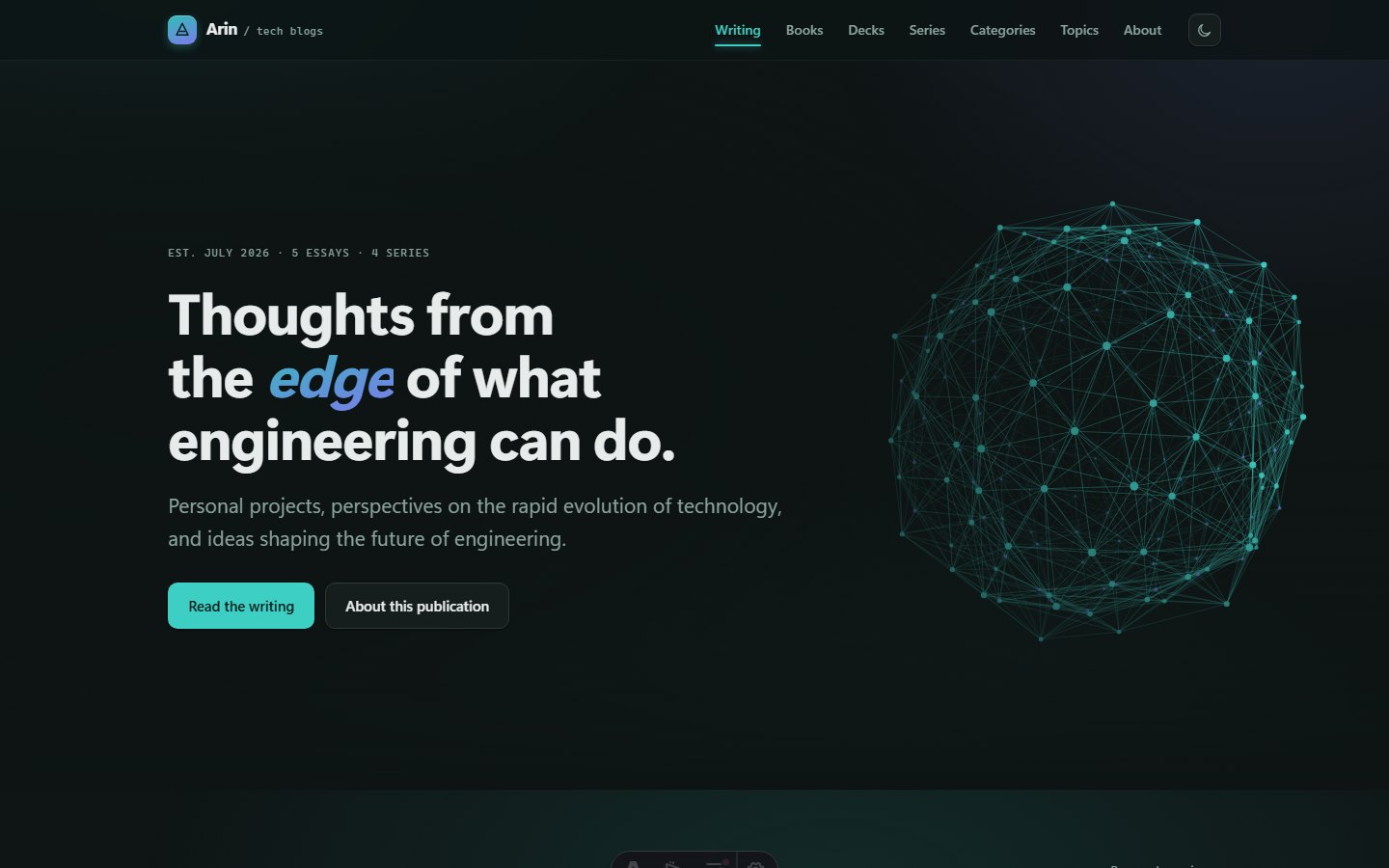 The same page in dark. Theme is a reader's choice, remembered per browser, and resolved before the first paint so the page never flashes the wrong ground.