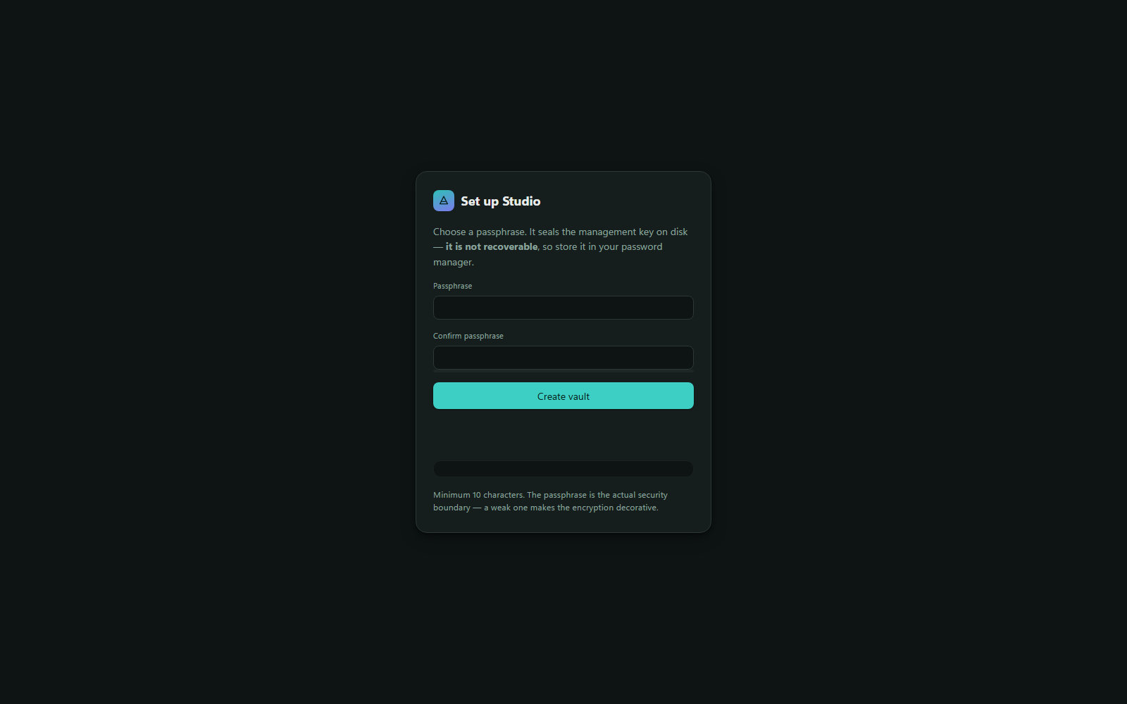 Studio starts locked. Nothing is readable and no route answers until it is unlocked.