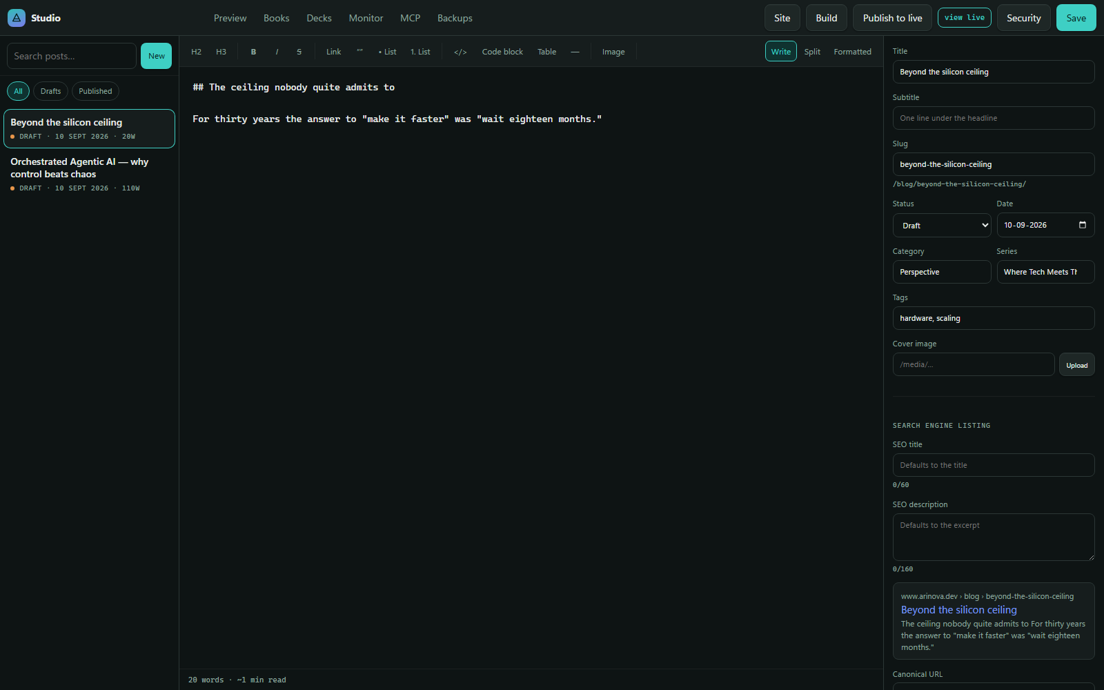 The desk — the article list on the left, the editor in the middle, the details panel on the right.