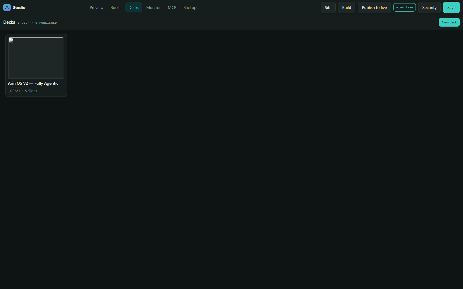 The Decks tab — the rack of decks, with status and slide count.