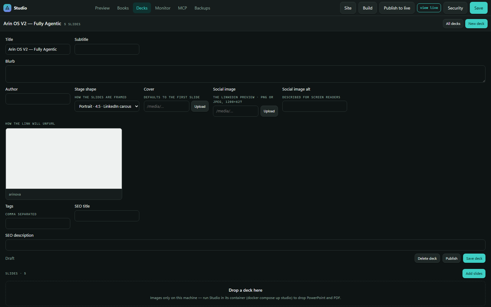 A deck open for editing: metadata, the drop target, and every slide with its alt text, caption and reorder controls.
