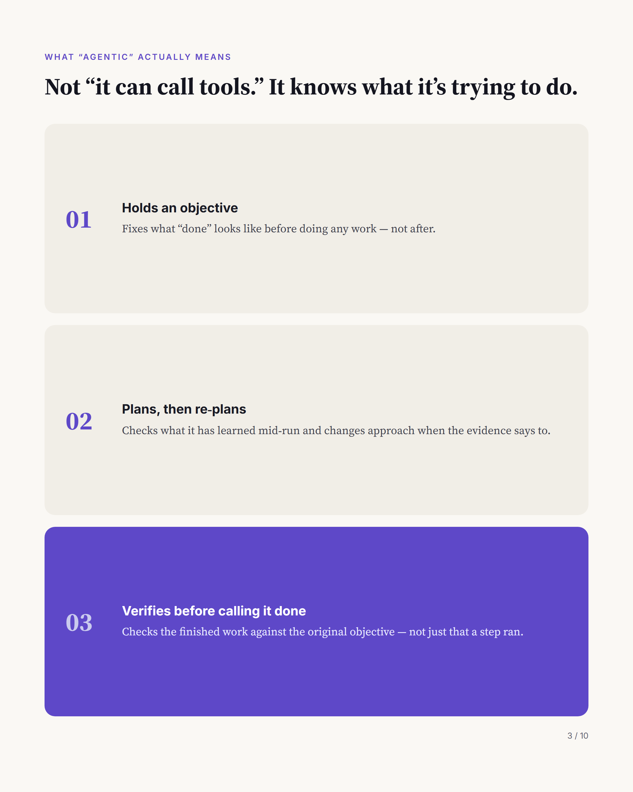 What agentic actually means, in three points: it holds an objective, it plans and re-plans, and it verifies the finished work against the original objective before calling it done.