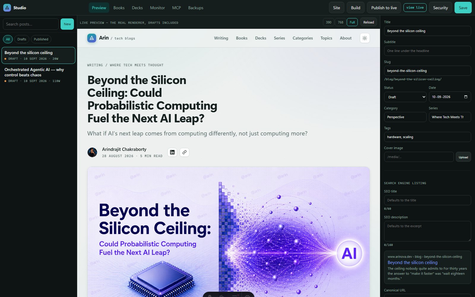 The Preview tab renders the real front end against the current content, drafts included.