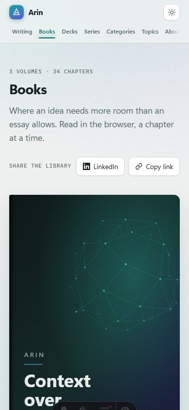 The library on a phone. The shelf becomes one column and the covers keep their proportions.