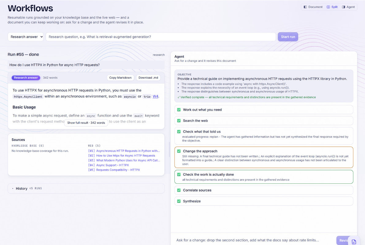 Screenshot — a finished run, exactly as the product shows it. The document sits with its sources; the objective and every step sit alongside it.