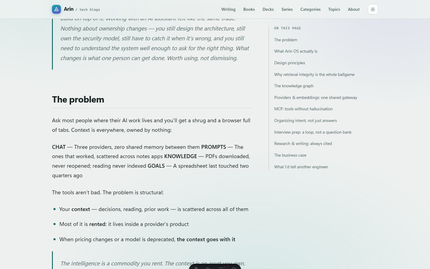 Body copy, a code block and a pull quote, in the article's own rhythm.