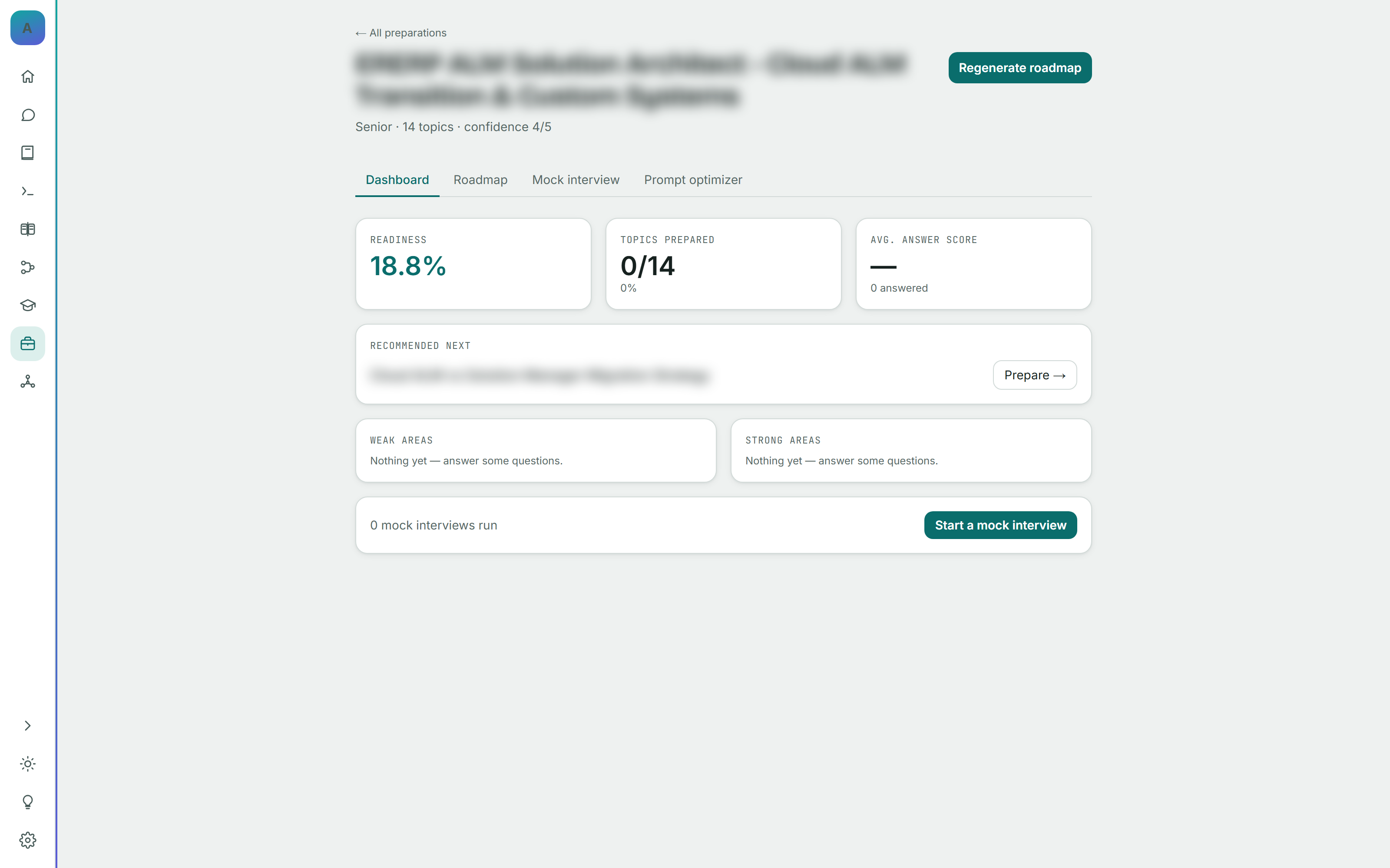 Screenshot — readiness as a plain percentage, topics covered, and an average answer score — nothing claimed that hasn’t actually been measured yet.