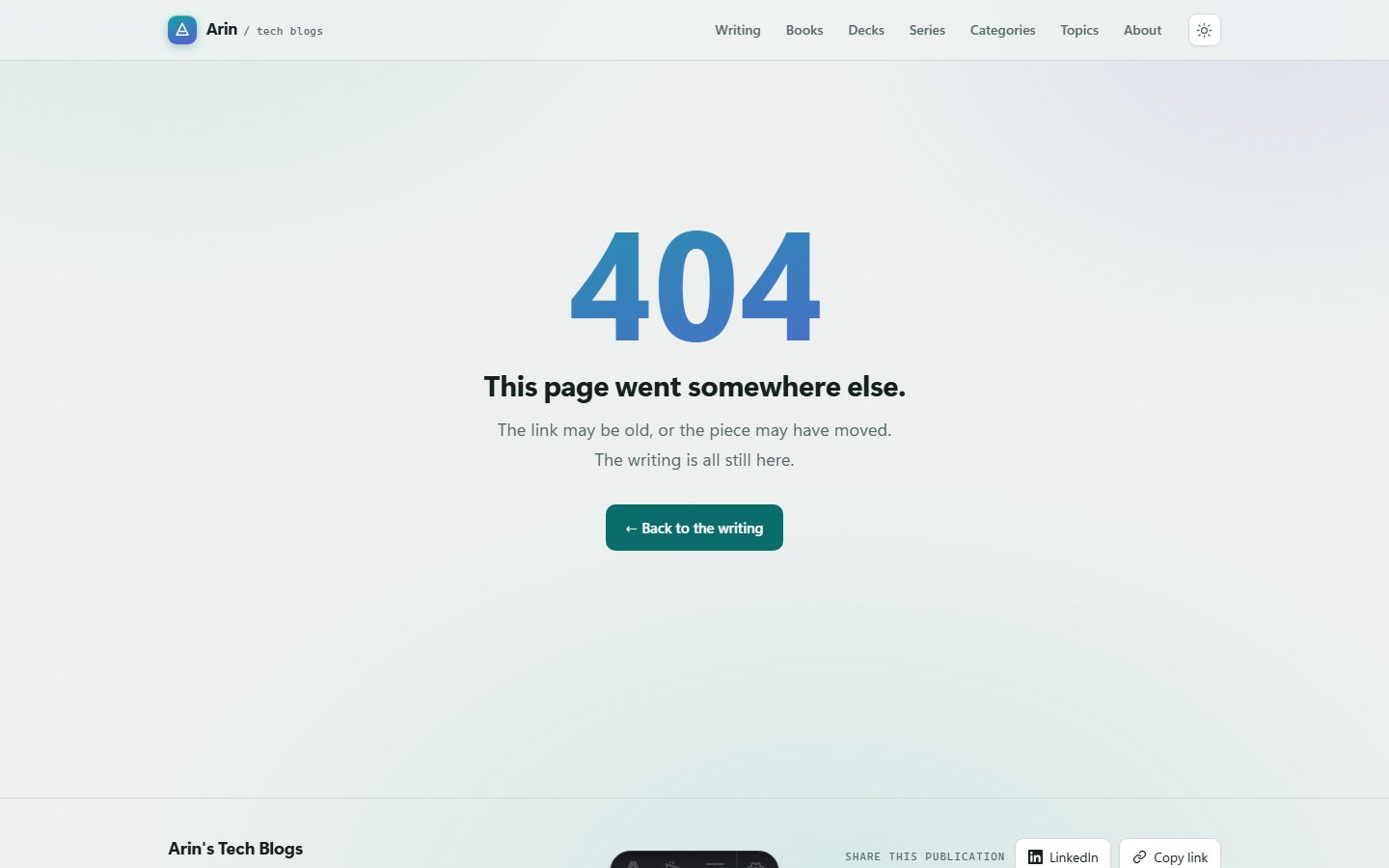 The 404 page. It says what happened and offers a way back rather than apologising in a large font.