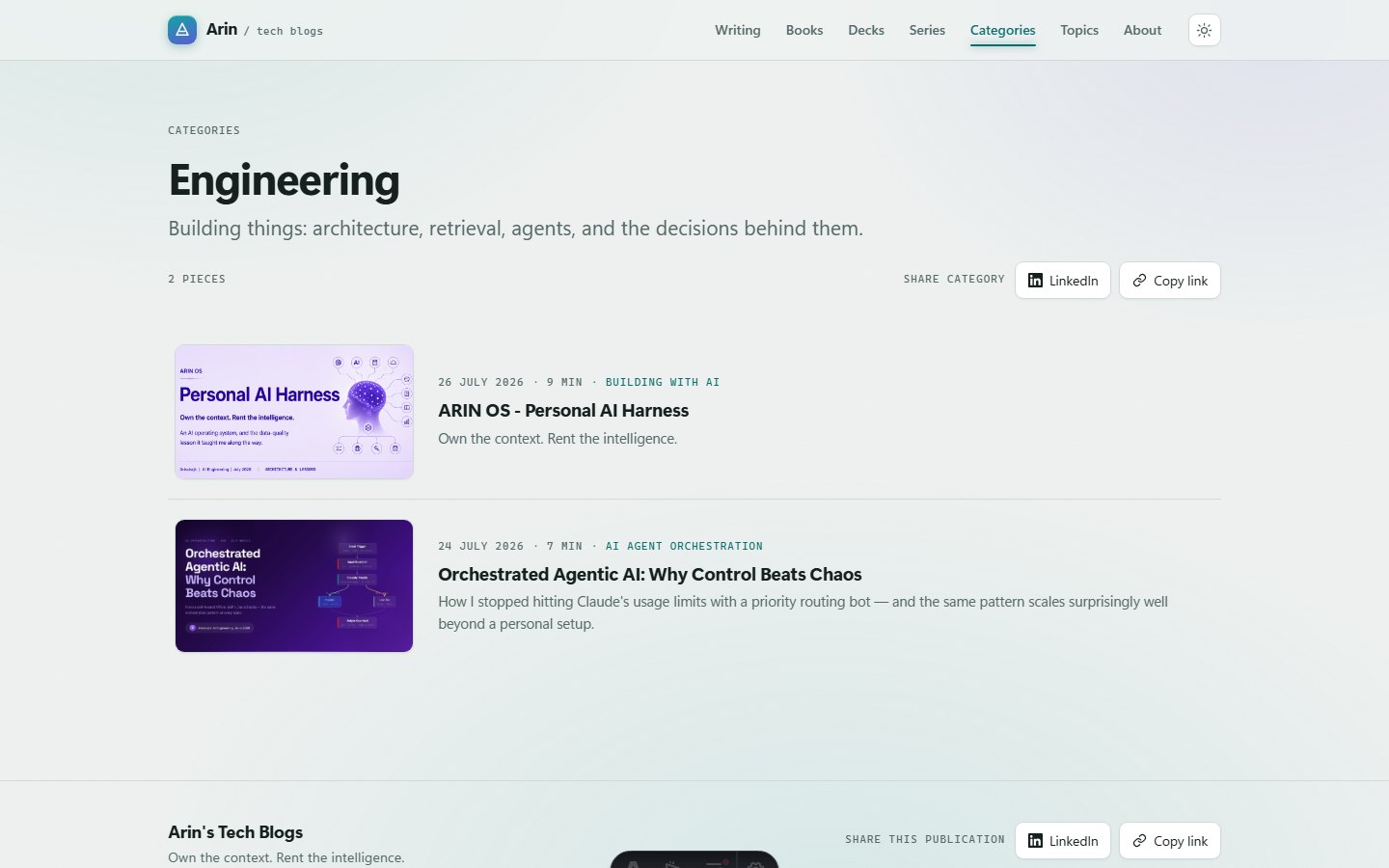 One category, listing its articles with the description the site settings give it.