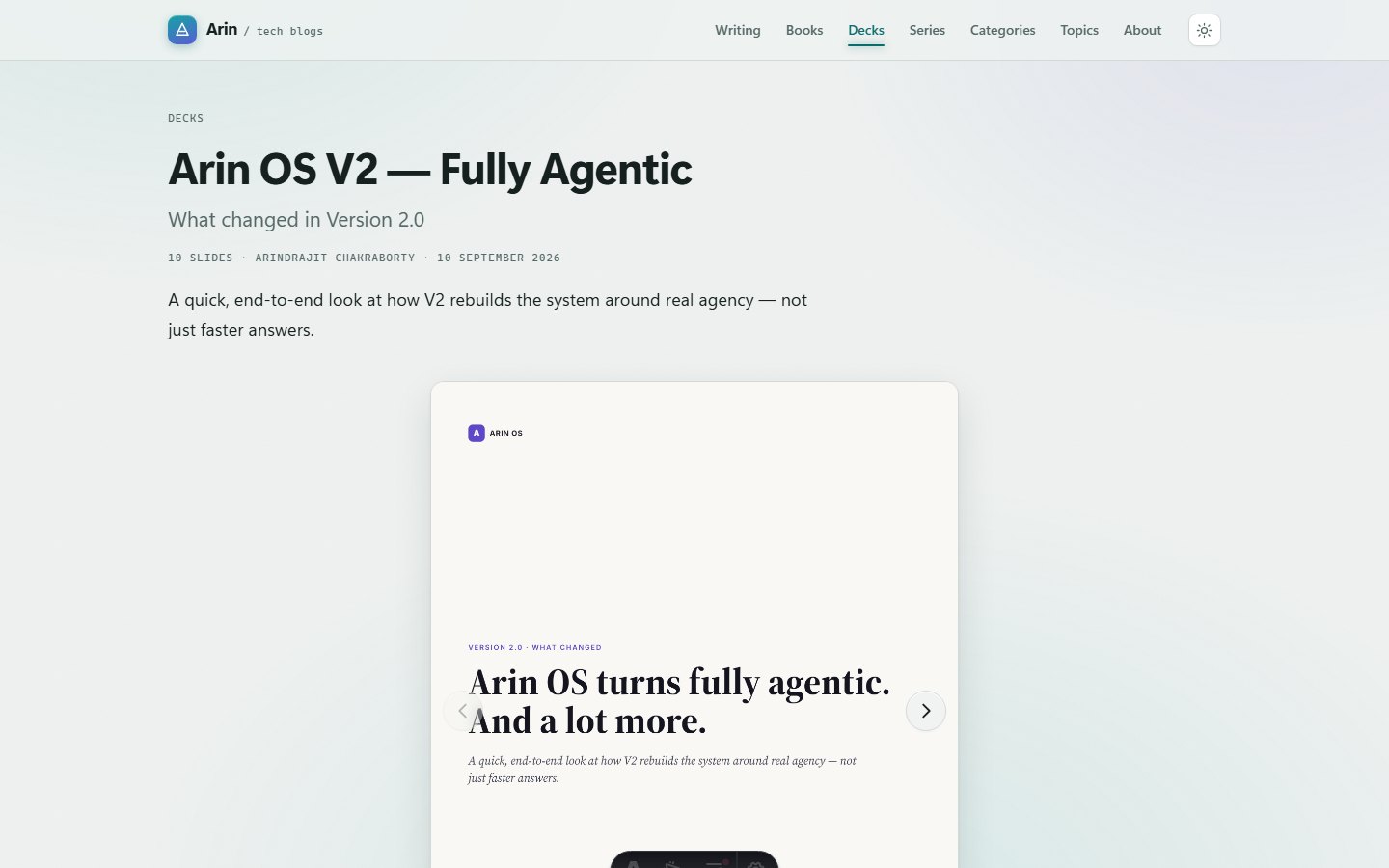 A deck in the viewer — stage, arrows, counter, caption, progress and the thumbnail strip.